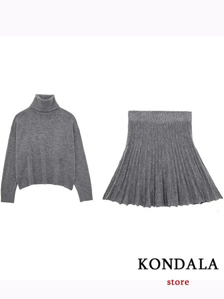 KONDALA Casual Chic Grigio Lavorato A Maglia Vestito Delle Donne A Maniche Lunghe Dolcevita Maglioni Dritto Mini Gonna Moda 2023 Autunno Inverno Set 240115