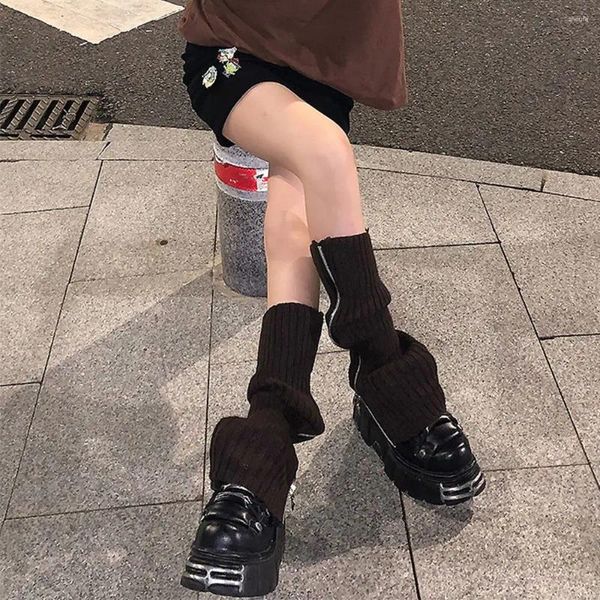 Meias femininas góticas, bota temperamento, cor sólida, tricô, estilo coreano, meias com zíper, meia folgada na altura do joelho