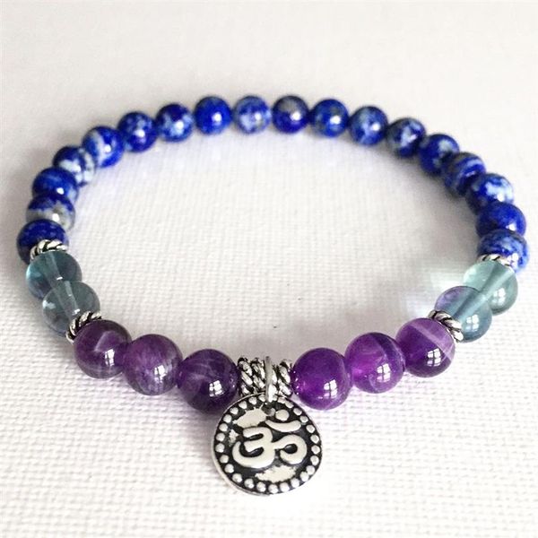 MG0818 Bracciale con ciondolo Ohm in lapislazzuli genuino da 6 mm Bracciale con fluorite di grado superiore e ametista Yoga Mala Bracciale portatore di pace247M