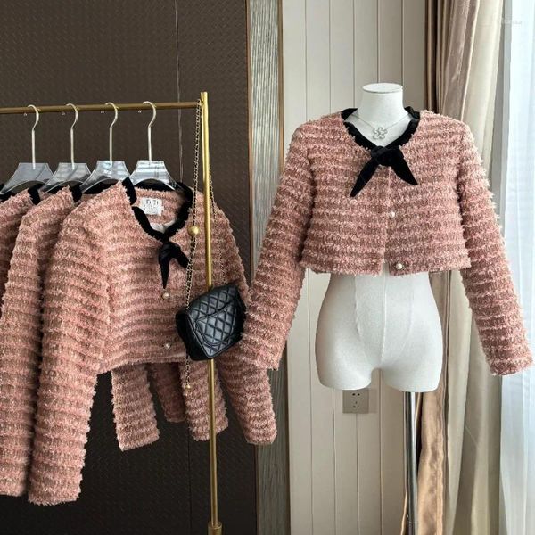 Damenjacken Kleine duftende Windschleife Kontrastfarbe Süße Kurzmantel Frauen 2024 Herbstmode Langarm Slim Kawaii Damen Rosa Jacke