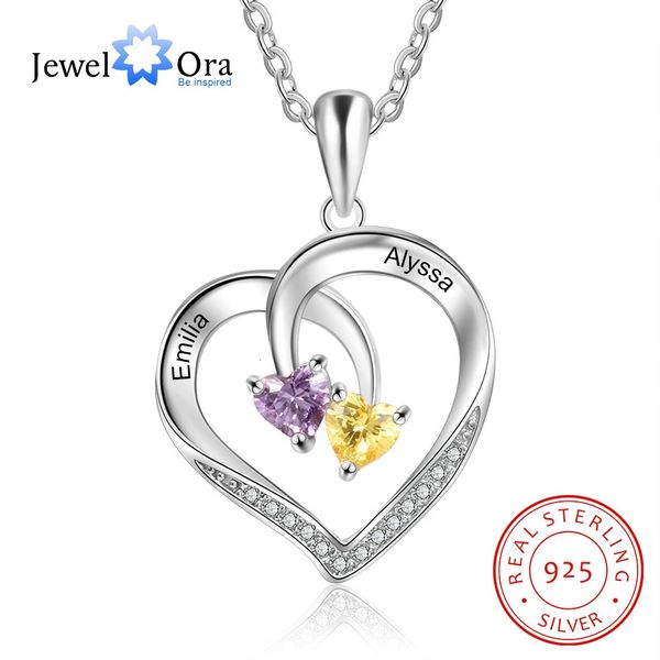 Collana a cuore personalizzata in argento sterling 925 con 2 pietre portafortuna con nome inciso Collana per coppia Gioielli in argento Regali per moglie 240115