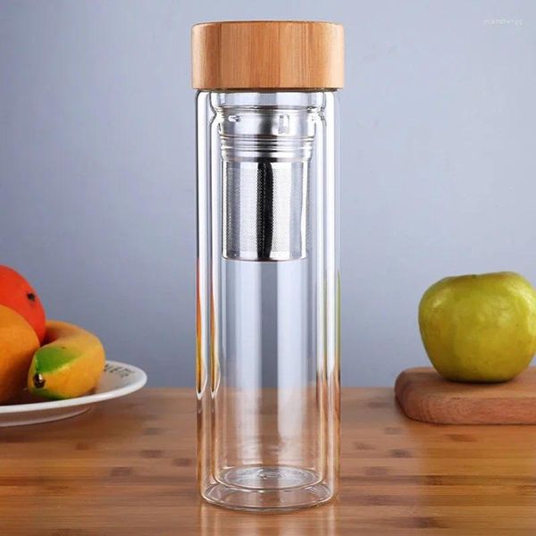 Wasserflaschen 350/450 ml doppelwandige Glasflasche Tee-Ei Bürotasse Edelstahlfilter Bambusdeckel Reisetrinkgeschirr