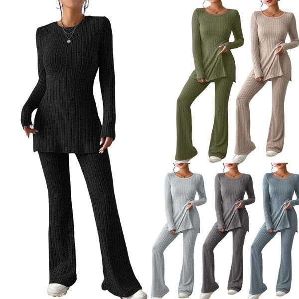 Женские брюки из двух предметов, женские топы с круглым вырезом, комплект с широкими брюками, простая футболка с разрезом по подолу, расклешенная однотонная облегающая посадка, домашние костюмы с напуском