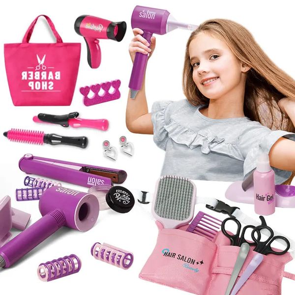 Meninas jogo de maquiagem simulação cabeleireiro conjunto secador cabelo elétrico fingir jogar beleza moda crianças brinquedos menina casa presente 240115