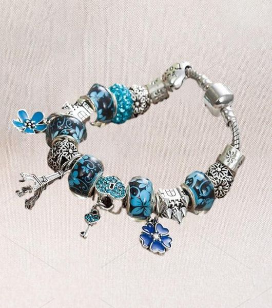 Blau/Rot/Rosa Murano Glas Charms Perlen Armband für 925 versilbertes Charm Eiffelturm Anhänger Armband Armreif9752366