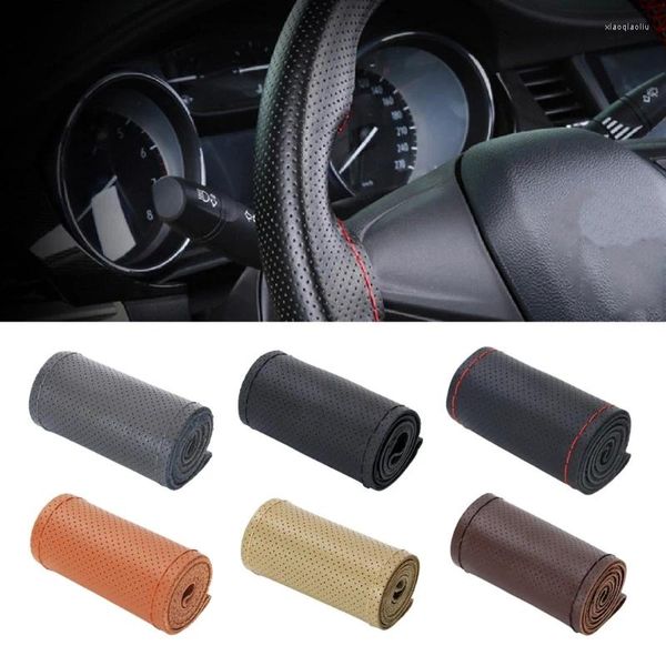 Capas de volante ponto de carro em capa envoltória DIY costura couro respirável macio antiderrapante para rodas de 14,1 polegadas 40GF