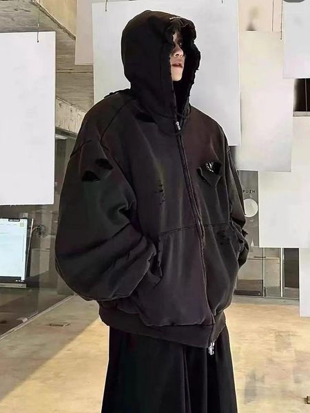 Herren Hoodies 2024 GRAILZ Washed Black Distressed Double Layer Reißverschluss Hoodie Koreanische Version Amerikanische Jacke WY902