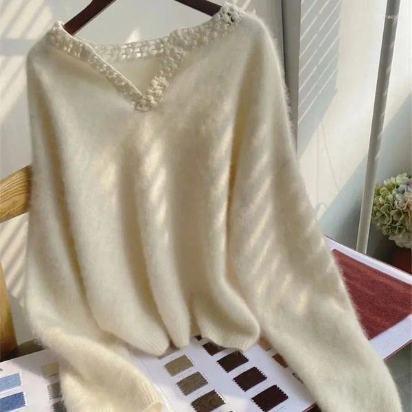 Maglioni da donna Colletto scavato Maglione di mohair bianco Donna Autunno Inverno Visone sciolto Pullover lavorato a maglia lungo Maglioni di lana morbida e cashmere H677