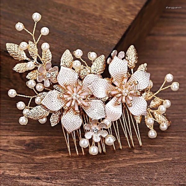 Haarspangen Gold Silber Farbe Blume Kamm Clip Mädchen Legierung Perle Haarnadel Braut Tiaras Hochzeit Zubehör Kristall Schmuck