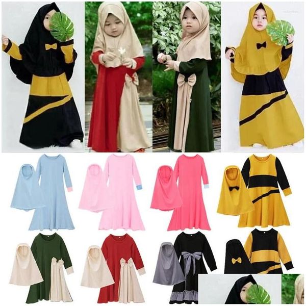 Roupas étnicas 2 pcs crianças meninas abaya ramadan muçulmano oração vestuário hijab maxi vestido conjunto jilbab crianças islâmicas vestidos kafan robe d dh3fs