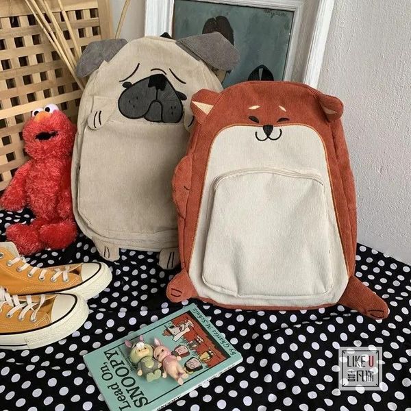 Bolsas Kawaii Pug Dog Corduroy Backpacks for Women Japan Style Fox Bordado bolsas para meninas adolescentes Mochila fêmea Mochila