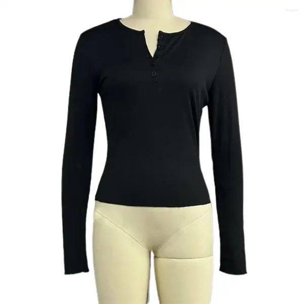 Camicette da donna Elegante bottone Girocollo Top da donna Leggero a maniche lunghe Elegante O Pullover a maniche lunghe per l'autunno