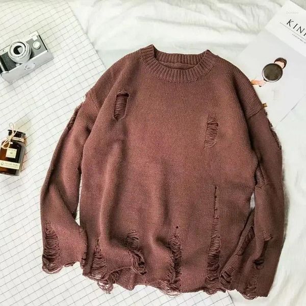 Maglioni da uomo Abbigliamento Pullover neri Maglione lavorato a maglia maschile con fori Tinta unita Tinta unita Strappato a maniche lunghe Coreano 2024 Autunno X