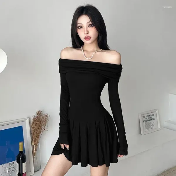 Sıradan elbiseler stsvzorr kadın siyah kahverengi kapalı omuz elbise bahar seksi y2k fırfır kenarı uzun kollu kısa etek