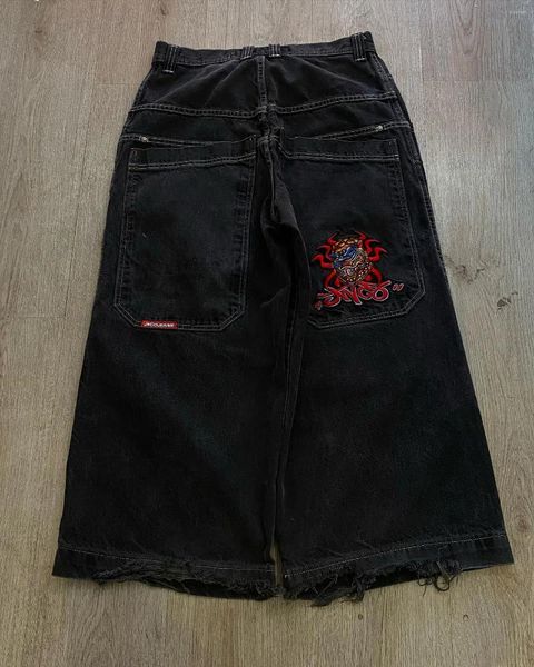 Мужские джинсы Уличная одежда JNCO Y2k Harajuku Хип-хоп Мешковатые черные брюки с вышивкой в стиле ретро Мужские женские готические широкие брюки