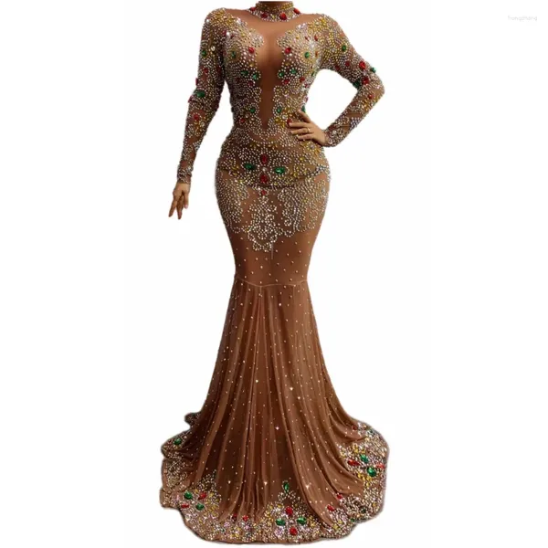 Palco desgaste marrom brilhante cristal strass sexy vestido longo para mulheres salão de baile celebridade roupas noite banquete veste traje