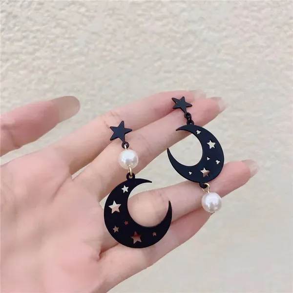 Brincos pendurados design oco estrela lua pérola gota assimétrica para mulheres moda coreano preto borboleta flor brinco jóias gif