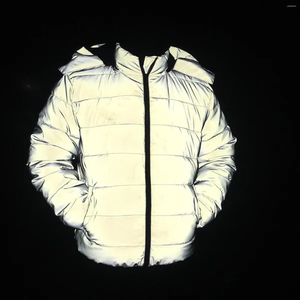 Damenjacken Glow Hip Hop Mantel Graue reflektierende Jacke für Frauen Abnehmbarer Kapuzenreißverschluss Warm Kurz mit Taschen Winter