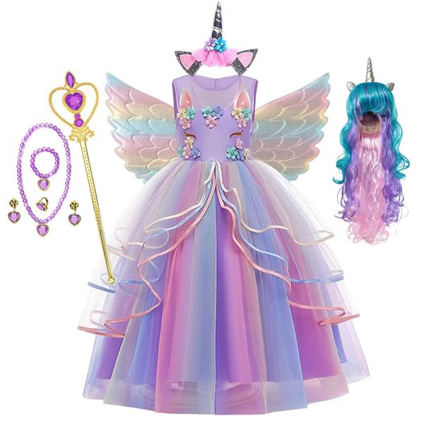Meninas unicórnio vestido arco-íris princesa fantasia vestido de festa de aniversário crianças halloween unicórnio realizar traje para 3-12 anos 240116