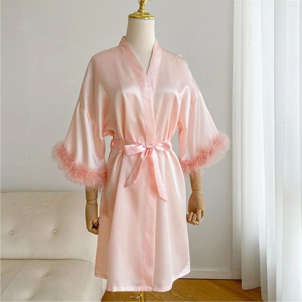 Mulheres sleepwear mulheres pena manga cetim quimono noiva vestes rosa robe pijamas roupão de noite vestido de noiva nightwear