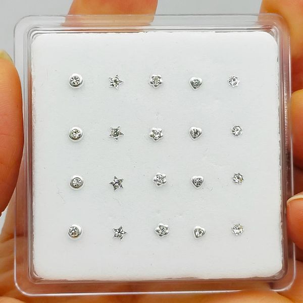 925 Sterling Silber Nasenstecker, modisches Weihnachtsgeschenk für Frauen, Kristall-Naris-Piercing-Schmuck, 20 Stück/Packung 240116