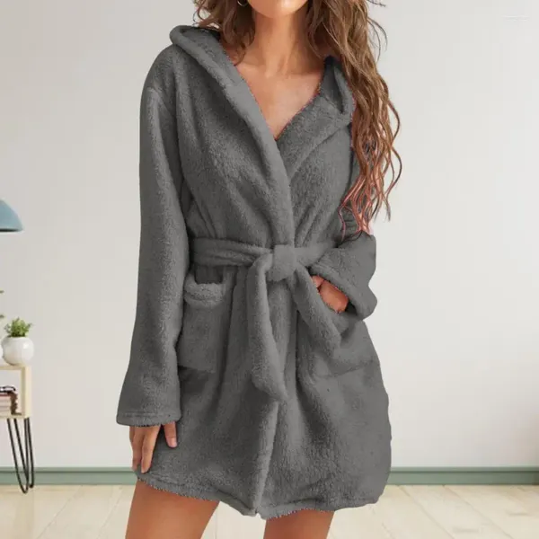 Mulheres sleepwear mulheres vestido de noite com chapéu manga longa acima do joelho confortável plush grosso cardigan com capuz dormir para uso doméstico