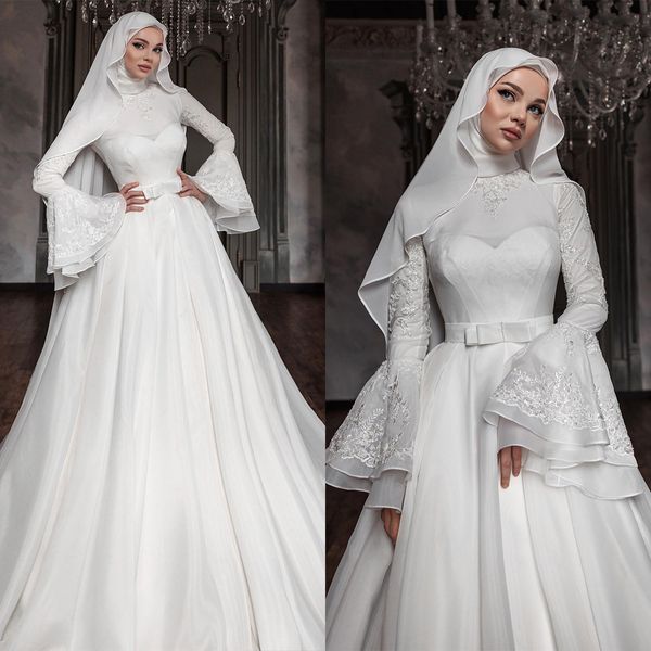 Мусульманские кружевные свадебные платья с высоким воротником, свадебные платья с аппликациями, атласные платья с длинными рукавами и бантом, платья невесты на заказ