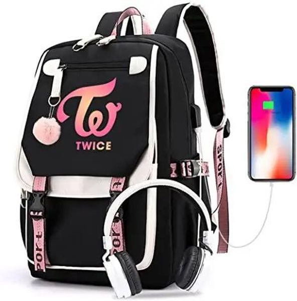 Bags coreia duas vezes fãs do que Love Heart USB Port Backpack Nylon School Livro Bolsas de viagem para estudantes Laptop Laptop Casual Large Messenger Bag