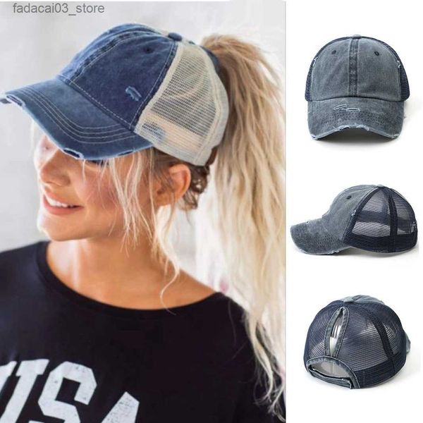 Berretti da baseball Vintage Coda di cavallo Berretto da baseball Donna Cappello snapback regolabile Cappello estivo in mesh invecchiato Cappello da donna Q240116