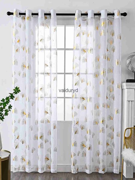 Cortina com estampa de folha de ouro, cortinas transparentes brancas para tratamento de janela do quarto, conjunto de ilhós topvaiduryd