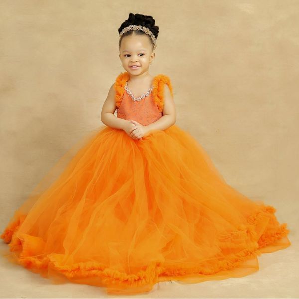 Orange Flower Girl Dresses V Neck Tiered Tulle Ball Gowns Flowergirl Dress Princess Beaded First Birthday Party Dresses Daughter and Mother Dresses NF001