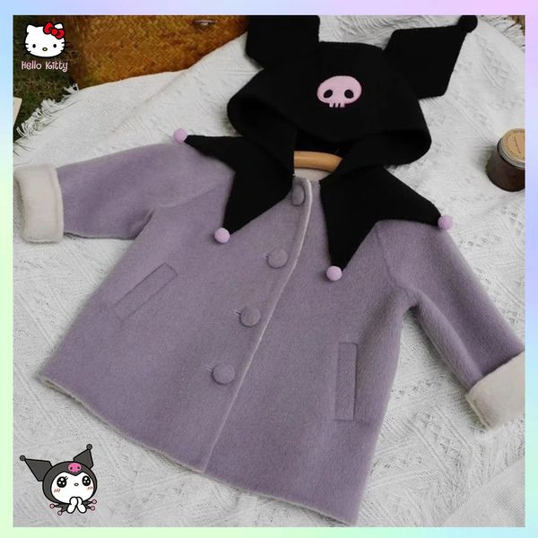 Sanrioed anime Kuromi Kızlar Yün Katlar Sonbahar Kış Yüksek Kaliteli Hendek Ceket Ceket Kıyafetleri Çocuklar İçin Kawaii Moda Dış Giyim 240116