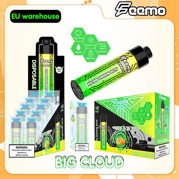 Entrepôt local de l'UE aux États-Unis Puff 10000 vape jetable gros nuage Expédition dans l'UE Feemo Cannon DTL Dispositif vapes jetables Stylo charge de câble de type C avec résistance de 0,5 ohm