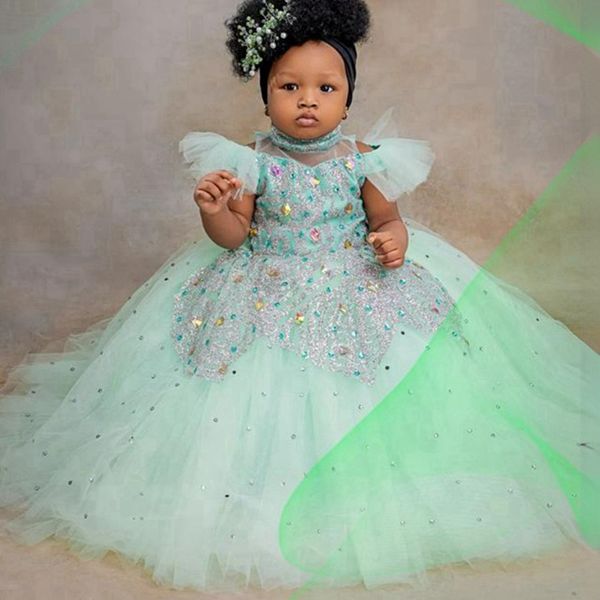 Mint Green Flower Girl Dresses High Neck Rehinestones Princess Queen Communion Dress Tiered Tulle Little Kids First Birthday Daughter and Mother Dresses Gowns F025