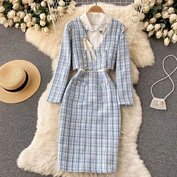 Suéteres femininos estilo celebridade terno outono vestido xadrez frisado cardigan jaqueta fina deslizamento tweed conjunto de duas peças menina