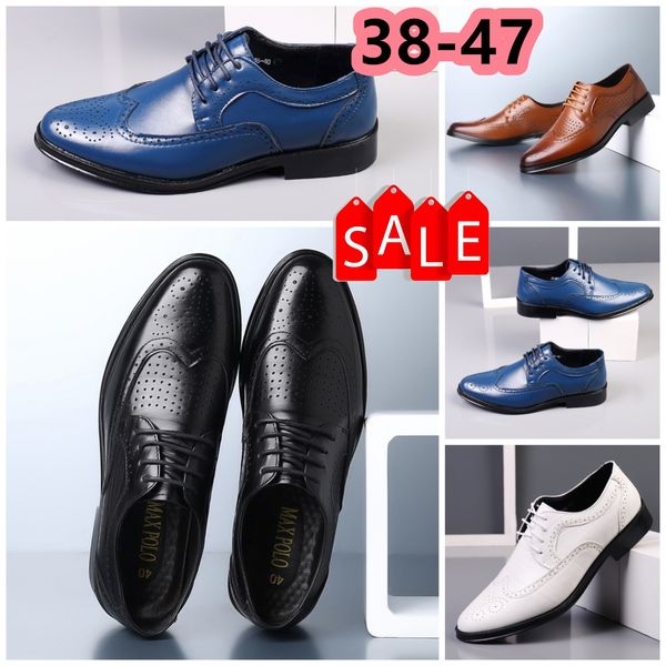Designers sapatos sapatos casuais homens azul branco marrom sapatos de couro apontado dedo do pé banquetes terno saltos de negócios do homem eur 38-47 baixo preço