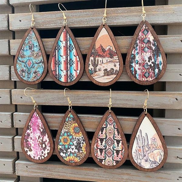 Baumelnde Ohrringe Western Cactus Cowboy Bull Print Spleißen Holz Inlay Lünette Teardrop Frauen Mädchen Party Schmuck Geschenke Großhandel