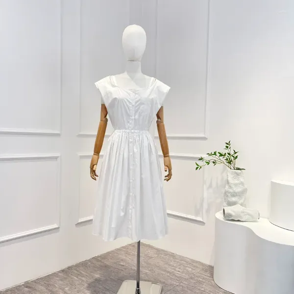 Casual Kleider Top Qualität 2024 Frühling Sommer Frauen Mode Feste Weiße Taschen Kappe Hülse Elastische Taille Midi Kleid Für Dail