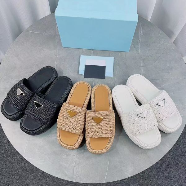 Crochet flatform slides Designer Chinelo Triângulo Mule Luxo Verão Piscina Plataforma Sandália Preto Natural Tecido Slip-on Mules Chunky Bottom Shoes