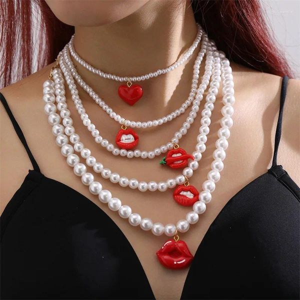 Collane con ciondolo Labbra rosse Collana da donna Perla imitazione esagerata Lusso multistrato 2024 Catena clavicola da sposa per la moda femminile