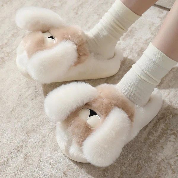 Chinelos femininos animais peludos slides quente bonito cão dos desenhos animados casa sapatos sala de inverno cachorrinho mulher chinelo casa