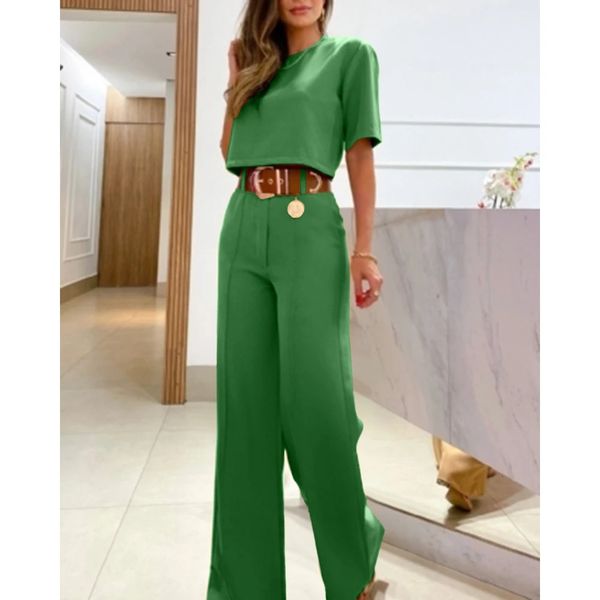 2023 Casual Donna Mezza Manica Crop Top Pantaloni Gamba Larga Set Estate Femme Office Lady Due Pezzi Vestito Abiti Stile Coreano 240115