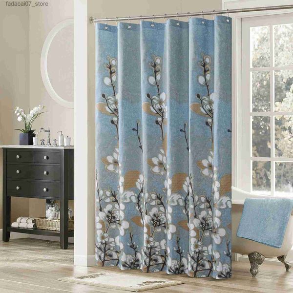 Duschvorhänge Hanakotoba Bauernhaus Blue Blume Polyester Stoff braune Pflanzen grafische florale gedruckte wasserdichte Vintage Duschvorhang Q240116