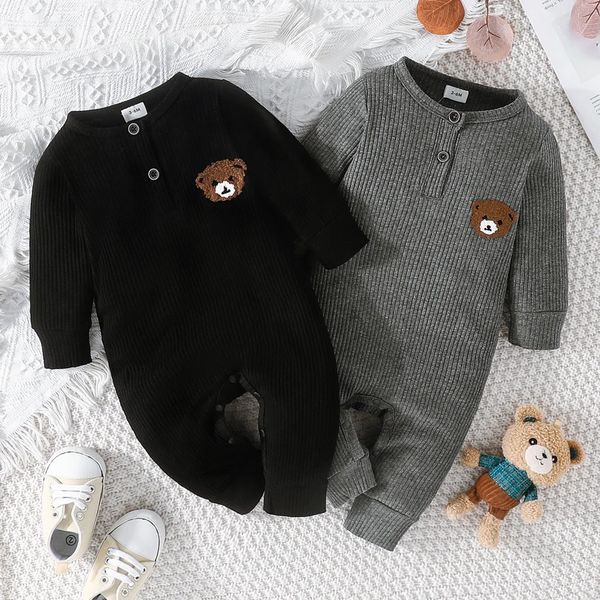 Roupas para bebês recém-nascidos de 0 a 18 meses de idade, urso de desenho animado, botão pequeno, manga comprida, macacão de bebê 240116