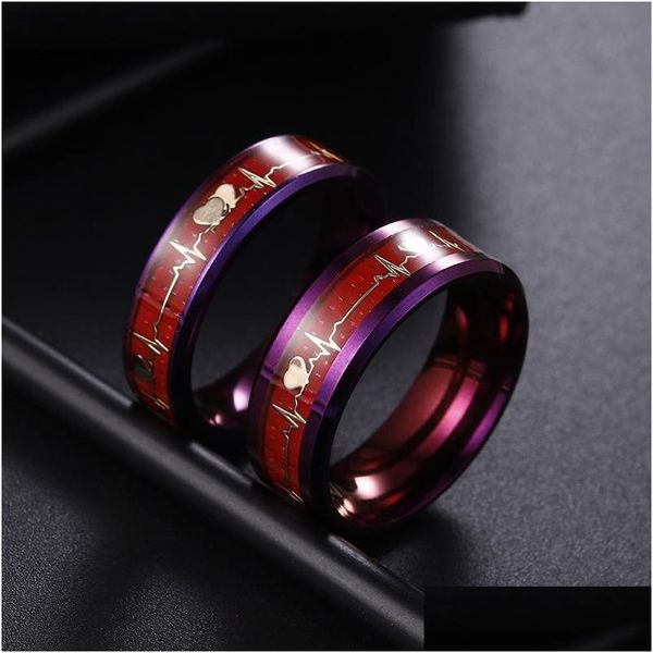 Anéis de banda Anel de casal luminoso 8mm / 6mm brilhante batimento cardíaco ecg roxo casamento brilhando amor no escuro 578 z2 drop entrega jóias dhznj