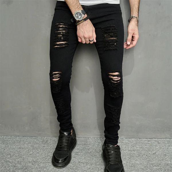 Sokak Giyim Erkekleri Şık Delikler Siyah Skinny Jeans Erkek Bahar Jogging Sıradan Kalem Denim Pantolon Erkek Pantolon 240116