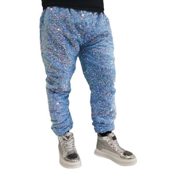 Pantaloni con paillettes maschili per costume da esibizione di ballerino cantante Pantaloni casual larghi Pantaloni Harem glitterati Abbigliamento da palcoscenico per danza hip-hop Bianco Verde Blu