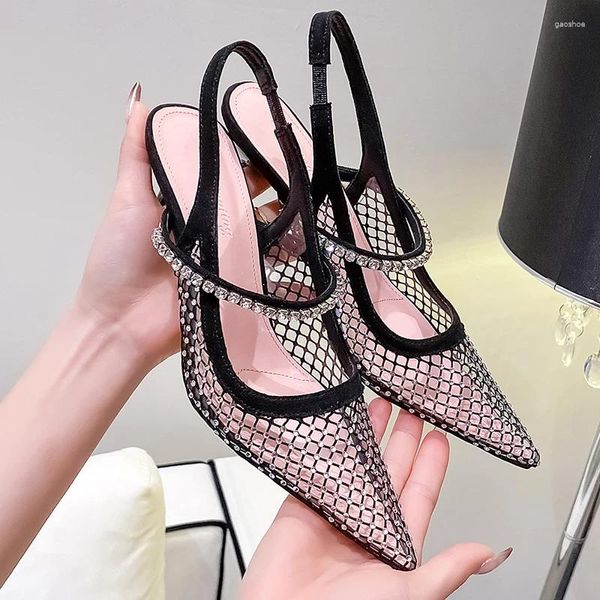 Scarpe eleganti Strass Scavati Tacchi alti Sandali con punta a punta Sandali con tacco basso nero Sandali con tacco fine Sandali da donna Mujer Verano