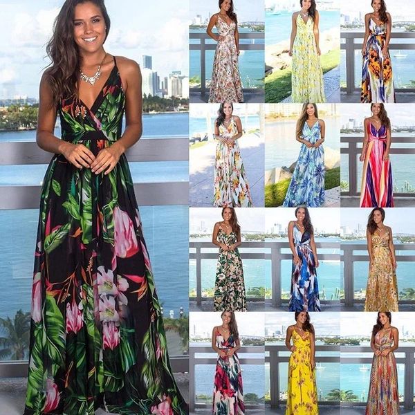 Lässige Kleider 2024 Multicolor Tropical Jungle Leaf Boho Langes Kleid Sling Cross Back Frauen V-Ausschnitt Party Nacht Elegant Sexy Maxi Sommer