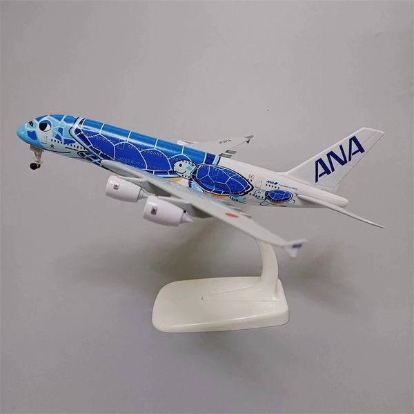 18 * 20 cm Liga de Metal Japão Air ANA Airbus A380 Cartoon Sea Turtle Airlines Azul Diecast Avião Modelo Avião com Rodas 240115